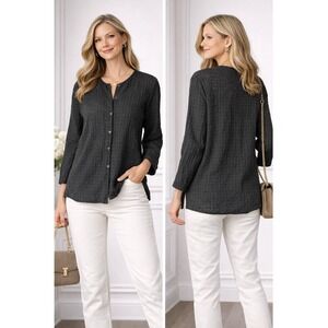 Eileen Fisher Button Up Top Women Medium Black Excellent Textured Cotton Grid